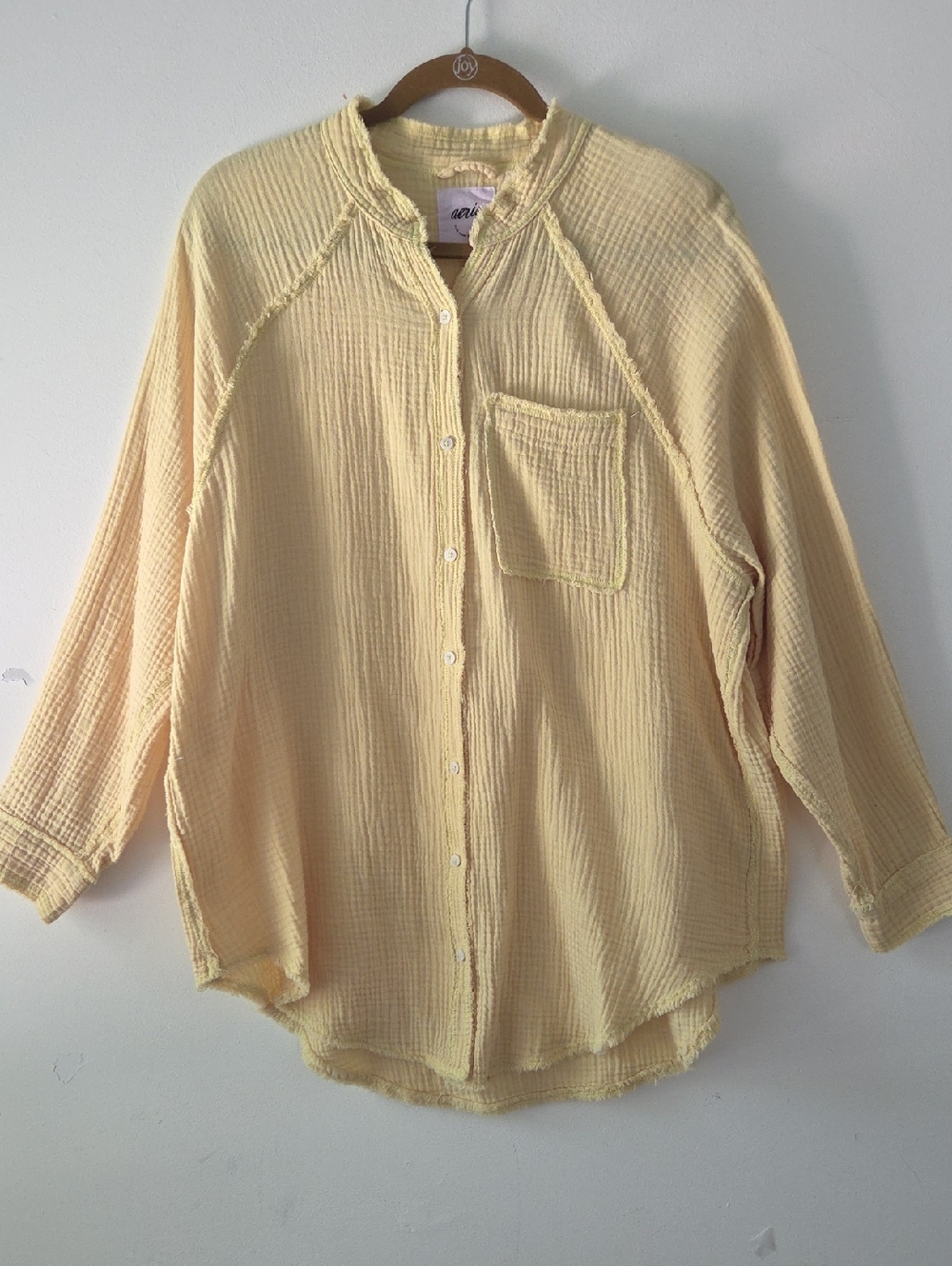 Aerie Oversized Gauze Moslin Cotton Button Down Shirt Pastel Yellow Oversize XS